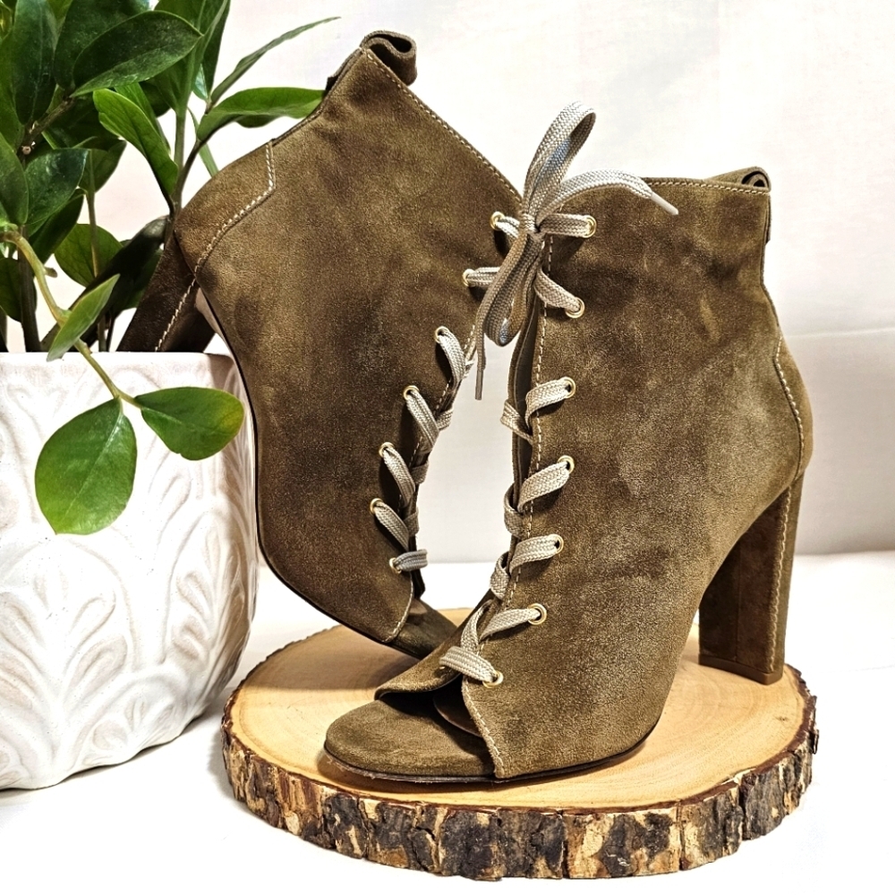 Carolina Herrera Lace-Up Peep Toe Heels | Size 38 | Suede Tan Brown Booties CH